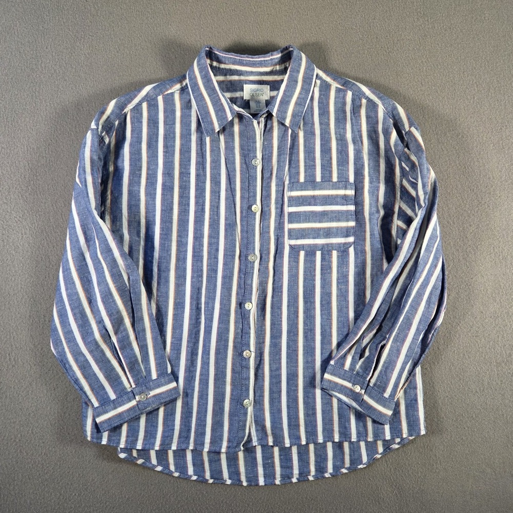 Sigrid Olsen Shirt Womens Medium Blue Striped Linen Button Up Long Sleeve